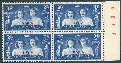 SWA 1947 "Royal Visit" 3d Sheet Number Block with Offset of blue Colour onto the Gum side (**)