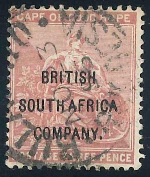 Rhodesia BSAC 1896 used Overprinted 3d "Cape of Good Hope" stamp (SACC 54)