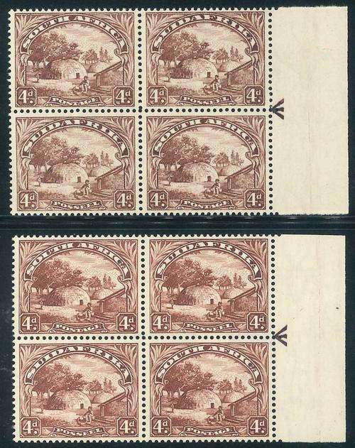 South Africa 1930/45 Roto Printing 4d Arrow blocks of stamps x (2) - Different Shades of colour