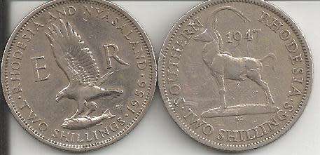 1957 Rhodesia and Nyasaland 2 shillings and 1947 Southern Rhodesia 2 shillings