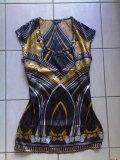 Black, silver, orange/gold & yellow top with matching tie-belt, and beaded neckline (M)