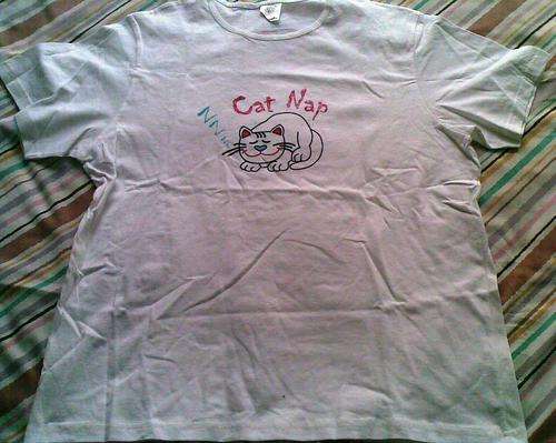 White short-sleeve T-shirt  with 'Cat Nap' (Large)