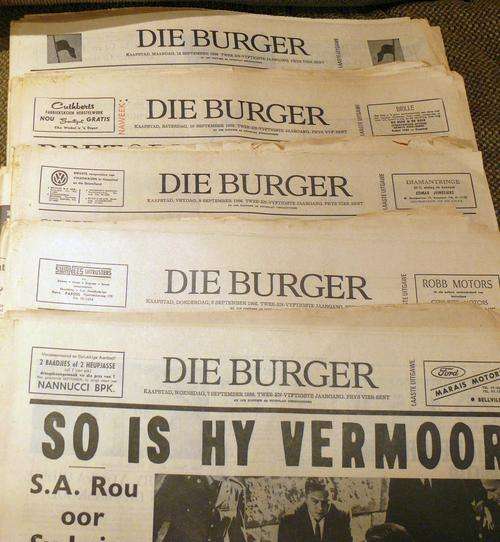 Die Burger :: 5 uitgawes + 2 bylaes :: 7 tot 12 September 1966 :: Die moord op dr. Hendrik Verwoerd