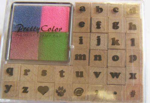 Wooden alphabetical stamp set - 32 stamps with 4 colour stamp pad