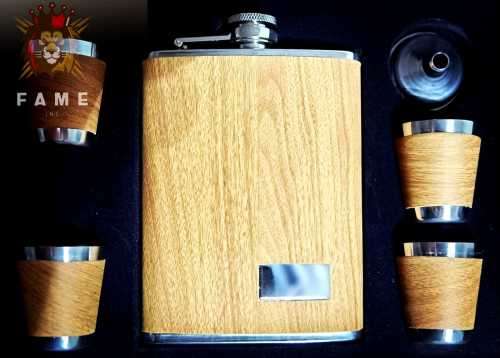Wooden Style Flask With Shooter Cups