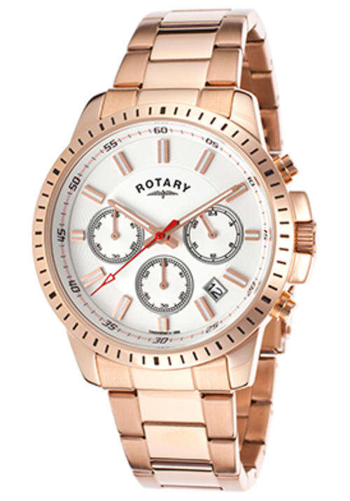 **R9999** ROTARY Men's Chronograph Rose-Tone Steel Silver-Tone Dial  WITH BOX AND PAPERS