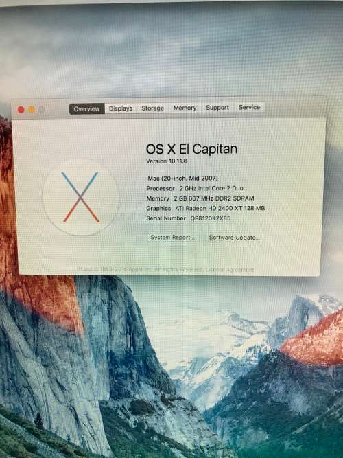 Apple iMac 20" Core 2 Duo @ 2.00GHz 2.00GHz, 2GB RAM , 250GB HDD, Superdrive, OS X EL CAPITAN