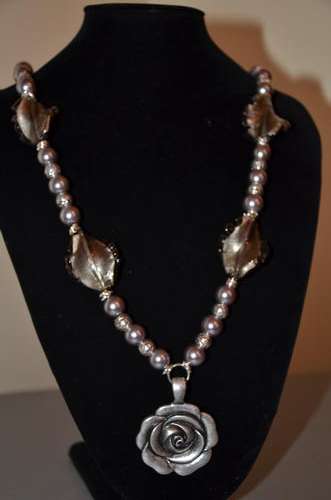 Long Silver and Grey Necklace with Rose Pendant