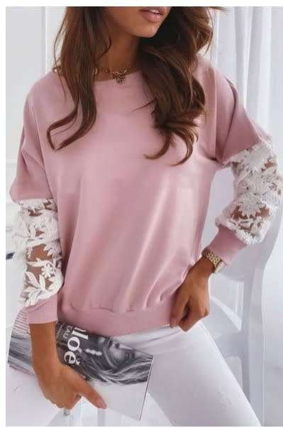 Ladies pink sweater with lace sleeve