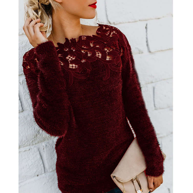 Ladies plush off the shoulder lace dedtail winter top
