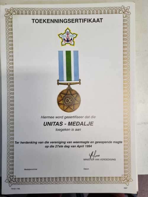 Unitas Medal original award certificate