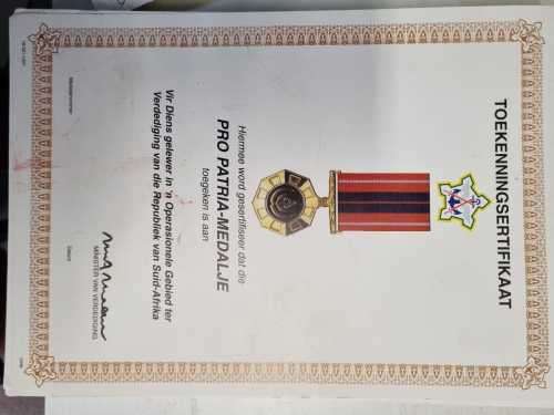 Pro Patria Medal original award certificate