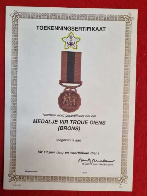 Faithful Service Bronze original award certificate