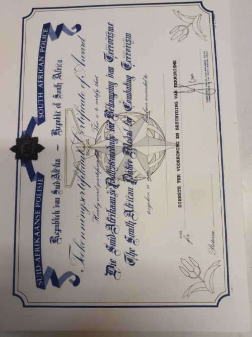 SAP Police Combating Terrorism original award certificate