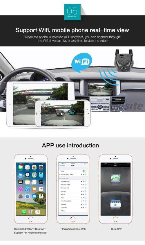 HD Dual Wifi Dash Camera, 2 Cameras Back and Front