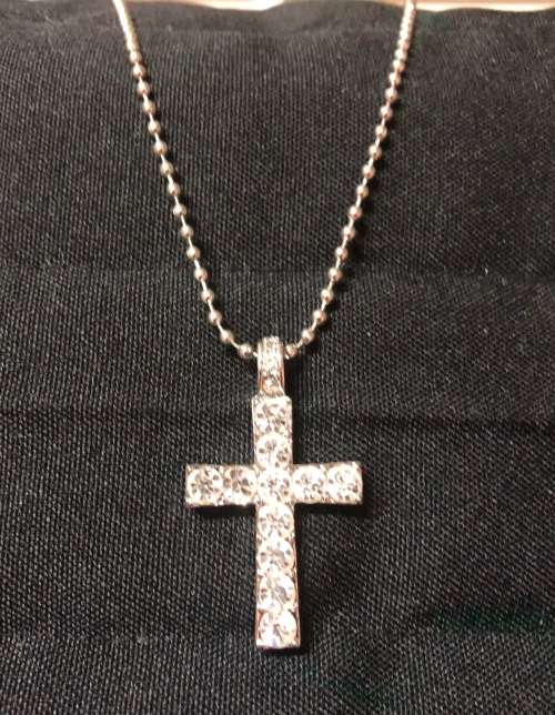 CP10 - Silvertone necklace with 40mm cross pendant with rhinestones