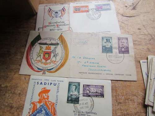 BOX OF STAMPS + OLD SA FDC'S @#$ CRAZY R1 START @#$ UNCHECKED
