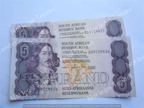 2 x DE KOCK 3rd ISSUE 1989 (UNC) CONSECUTIVE NO'S - 1 BID FOR BOTH