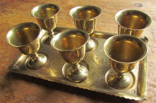 SOLID BRASS SET OF 6 X GOBLETS + TRAY EXCELLENT ALL FOR 1 BID