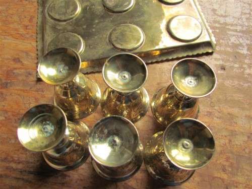 SOLID BRASS SET OF 6 X GOBLETS + TRAY EXCELLENT ALL FOR 1 BID