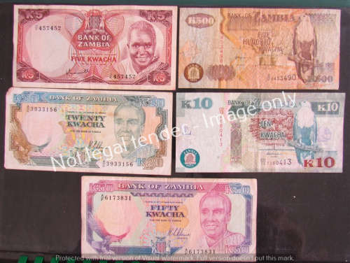 5 X ZAMBIA USED NOTES - HARD TO FIND @@@ 1 BID FOR ALL