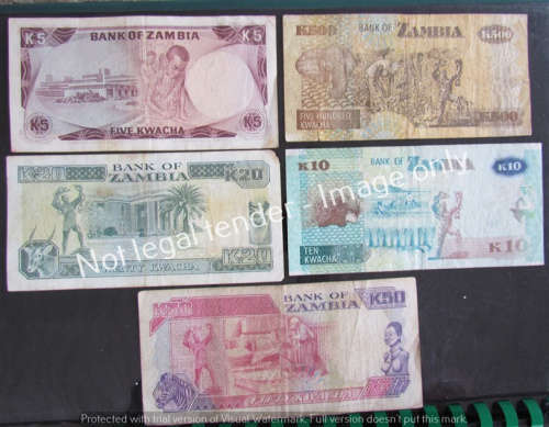 5 X ZAMBIA USED NOTES - HARD TO FIND @@@ 1 BID FOR ALL