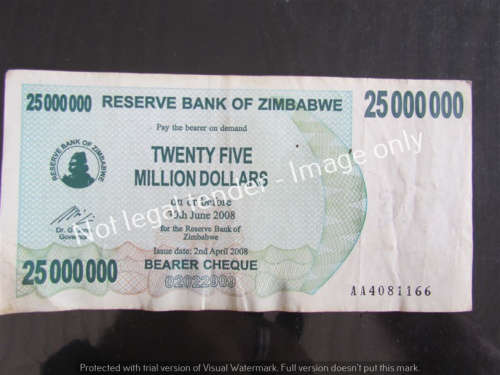 ZIMBABWE $25 000 000 INFLATION BEARER CHEQUE NOTE - 25 MILLION