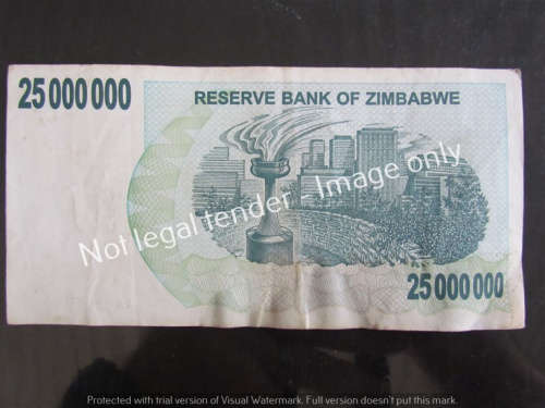 ZIMBABWE $25 000 000 INFLATION BEARER CHEQUE NOTE - 25 MILLION