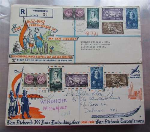 2 X SWA OVERPRINT TERCENTARY VAN RIEBEEK FDC = 1 BID FOR BOTH