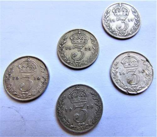 @@CRAZY R1 START@@ 1916 to 1920 - 5 x GB 3d SILVER Coins - 1 bid for all 5