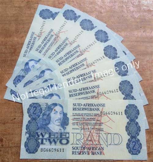 8 x Consecutive Even De Kock B Series R2 Notes - Rust Spot on 1 note