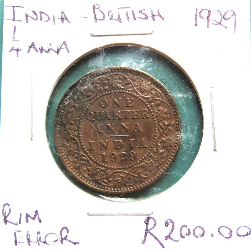 1929 British India 1/4 Anna Error Coin - Rim error
