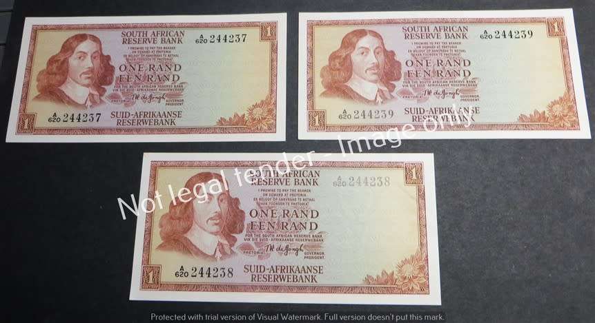 3 x TW de Jongh Consecutive No`s R1 Notes 3rd Issue - 1 Bid
