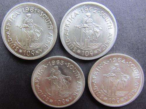 1961+1962+1963+1964 Silver 10c + Unc/AU $ R1 START $ bid per coin to take all 4