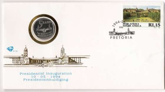 CRAZY R1 - ORIGINAL COIN on the ORIGINAL FDC-MANDELA PRES. INAUG.