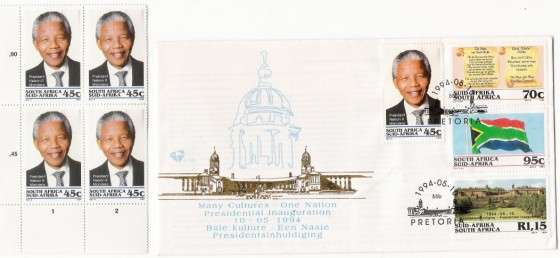 MANDELA FDC + BLOCK OF 4 MANDELA STAMPS - LOW LOW START!!!!!