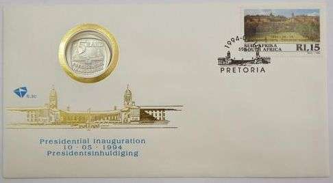 1994 NELSON MANDELA INAUGURATION PROOF COIN ON FDC 6.3C + 6.3b