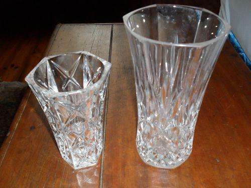 Two Beautiful Matching Cut Glass Vases. Height 18cm and 13cm.