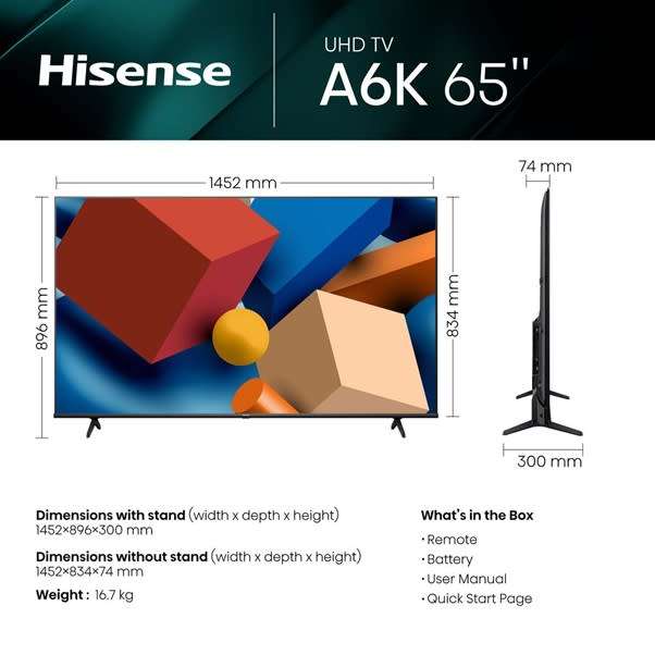 Hisense 65` A6K 4K UHD Smart TV with HDR & Dolby Vision (Brand New)