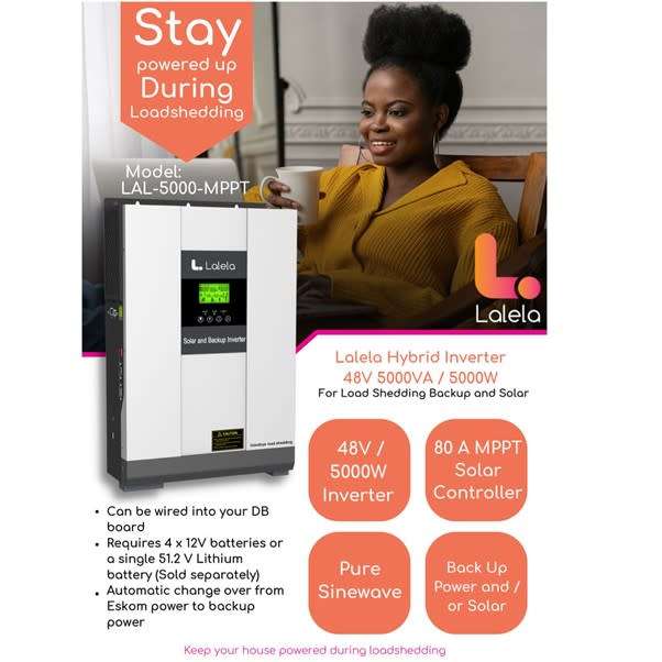 Lalela Solar Hybrid Inverter 5000VA/5000W Pure Sine Wave Inverter- 80A MPPT
