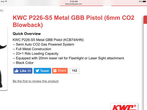 KWC P226 metal GBB Pistol gas powered co2