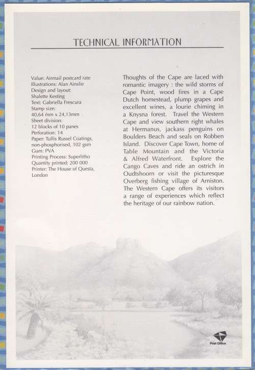 South Africa RSA - 1998 - Tourism Explore Western Cape Airmail Postcard Rate Folder/Card 6.81