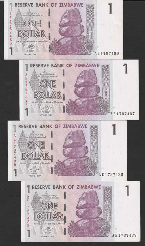 Zimbabwe - 2007 - $1 Dollar Dollars Gono - Circulated - Range AE - 6 Notes in Sequence