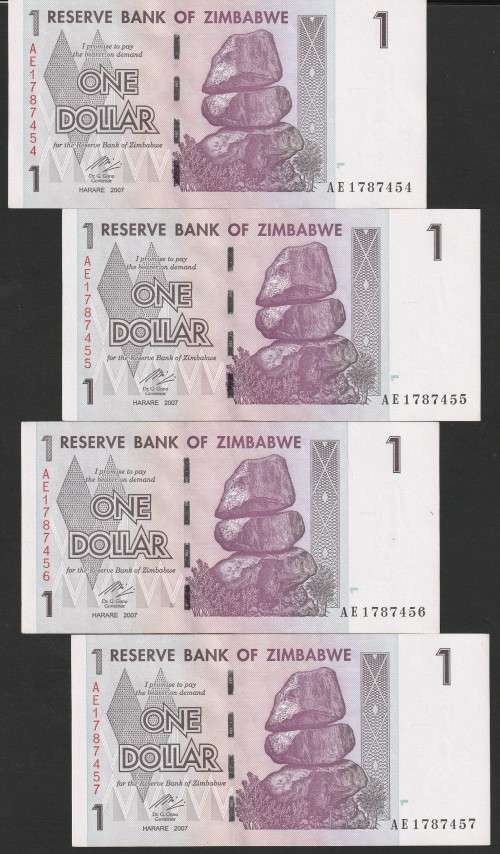 Zimbabwe - 2007 - $1 Dollar Dollars Gono - Circulated - Range AE - 4 Notes in Sequence