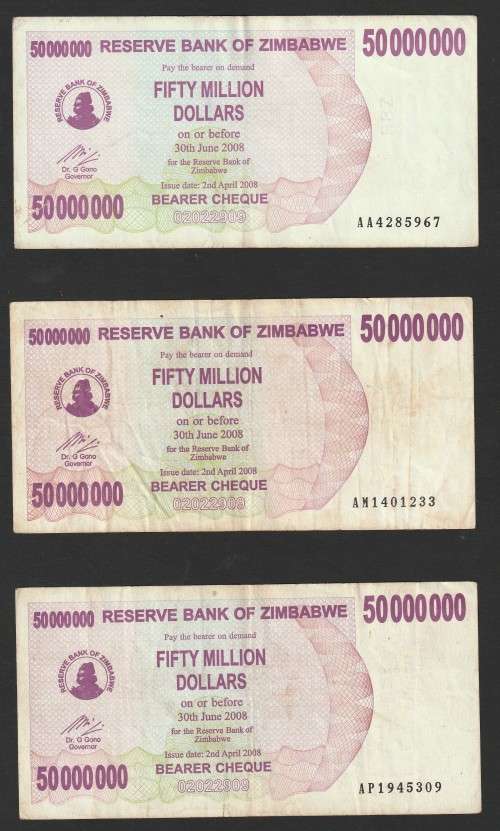 Zimbabwe - 2007 - $50 000 000 Million Dollar Dollars Gono - Circulated - 3 Notes