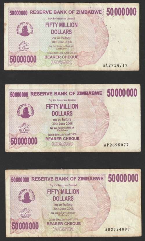 Zimbabwe - 2007 - $50 000 000 Million Dollar Dollars Gono - Circulated - 3 Notes