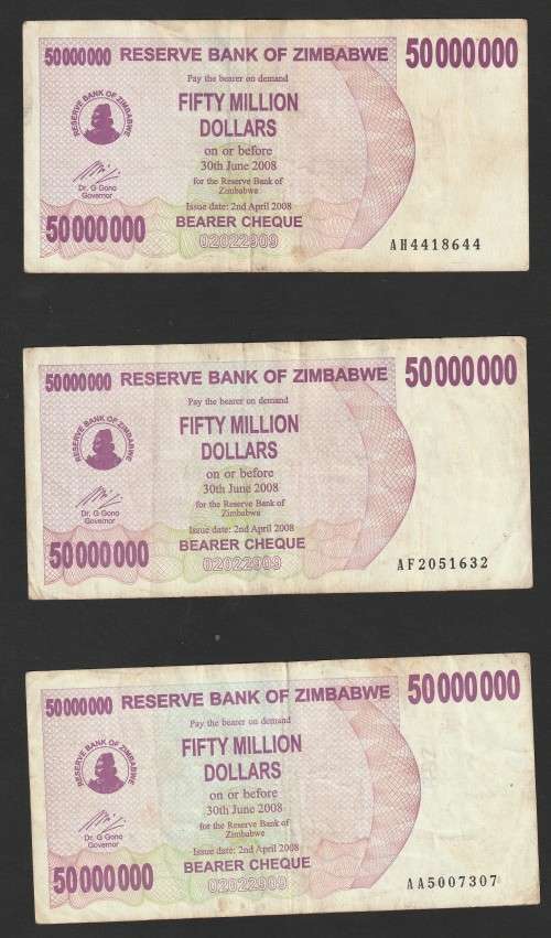 Zimbabwe - 2007 - $50 000 000 Million Dollar Dollars Gono - Circulated - 3 Notes