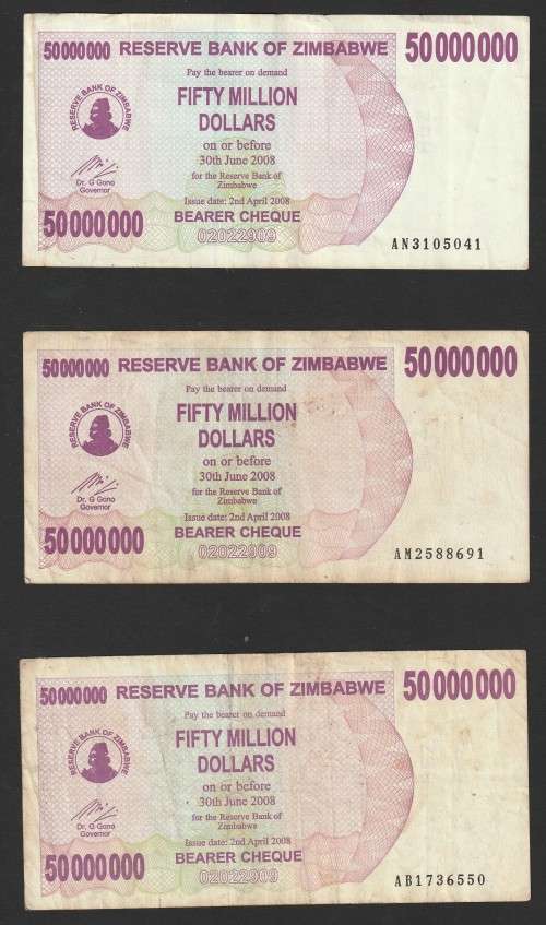 Zimbabwe - 2007 - $50 000 000 Million Dollar Dollars Gono - Circulated - 3 Notes