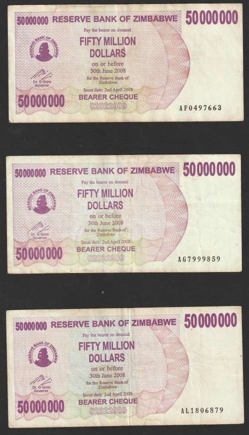 Zimbabwe - 2007 - $50 000 000 Million Dollar Dollars Gono - Circulated - 3 Notes
