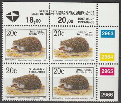 South Africa RSA - 1993 (1997) - Sixth 6th Definitive Endangered Fauna - 20c Hedgehog